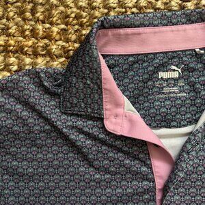 Puma Golf Polo Shirt (Men's Medium) Dark Blue Pink Green Palm Tree Print Collare
